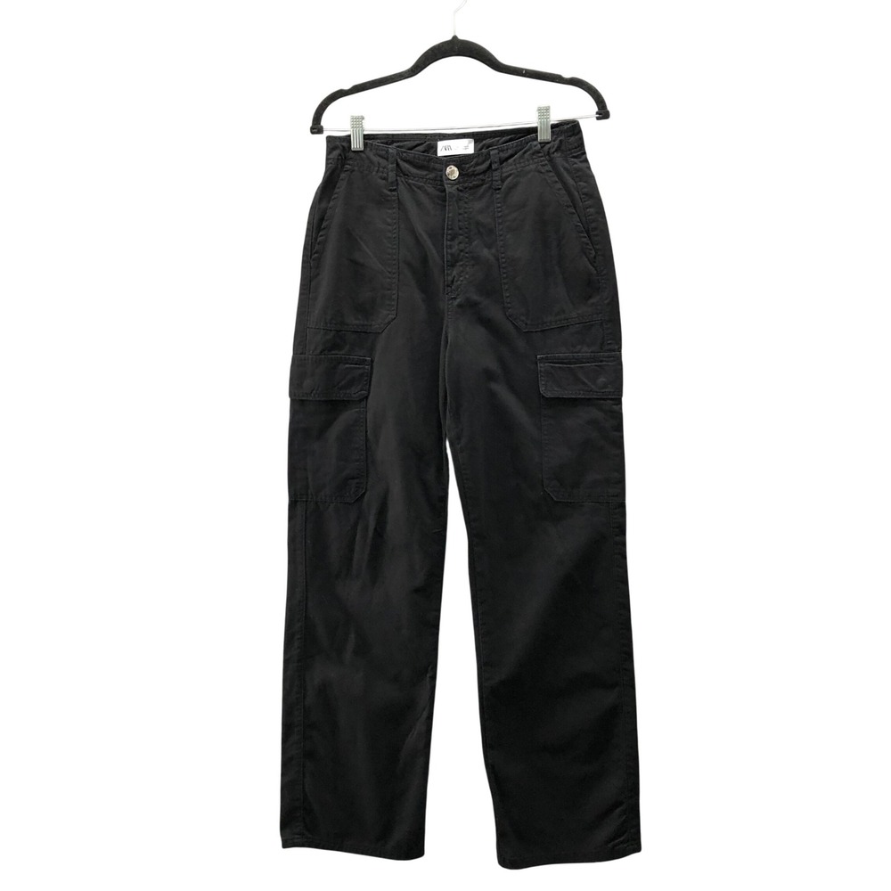 Zara High Rise Straight Leg Cargo‎ Pants Womens 4 Black Relaxed Utility